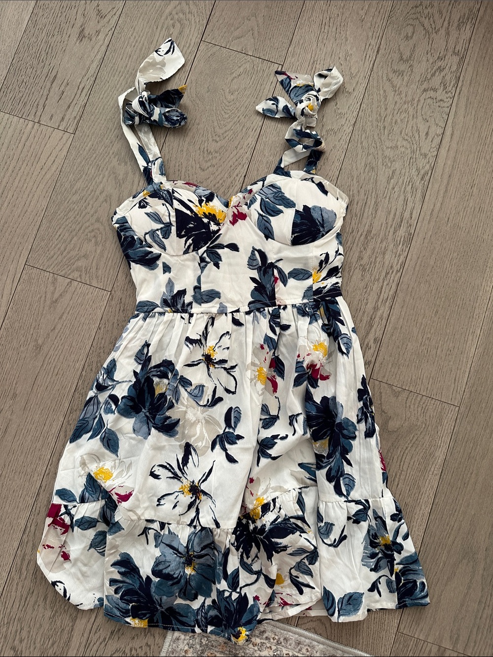 White Floral Summer Dress with Navy & Yellow Accents